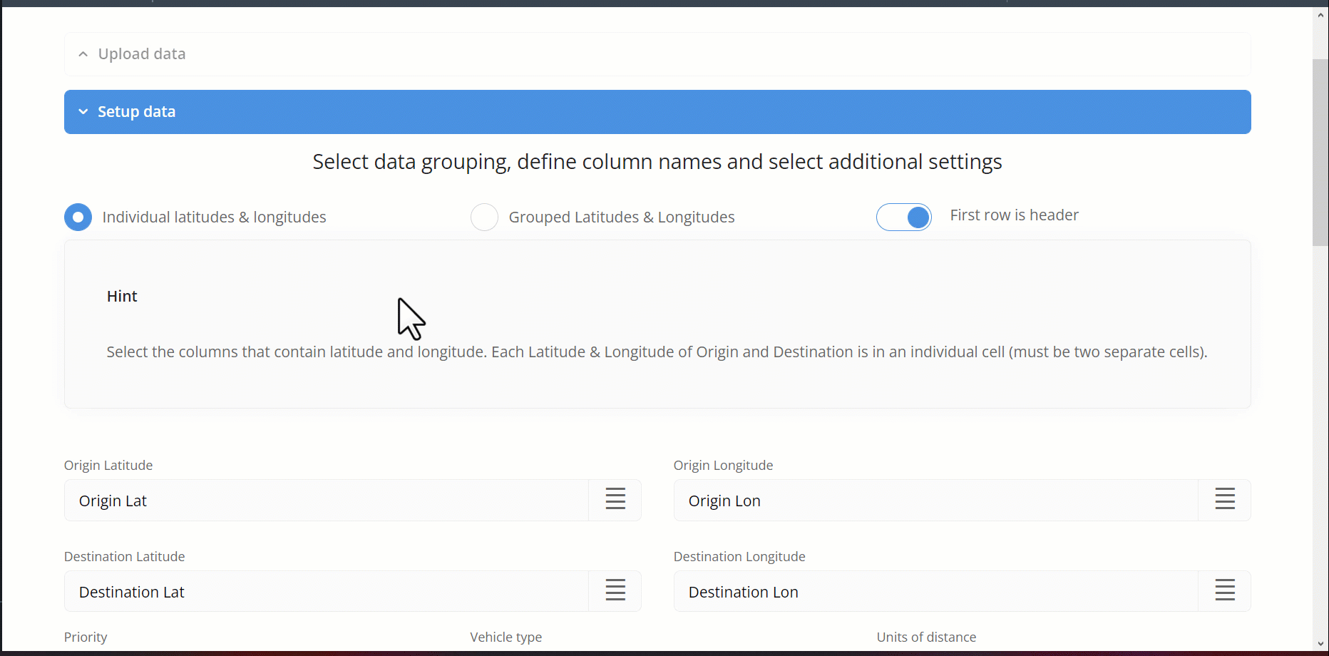 Setup data